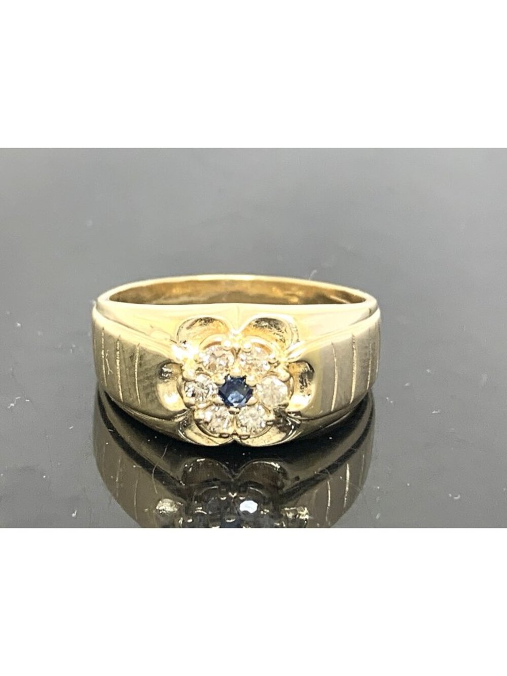 Diamond & Blue Sapphire Cocktail Ring Flower Shape 14k Yellow Gold Size 10